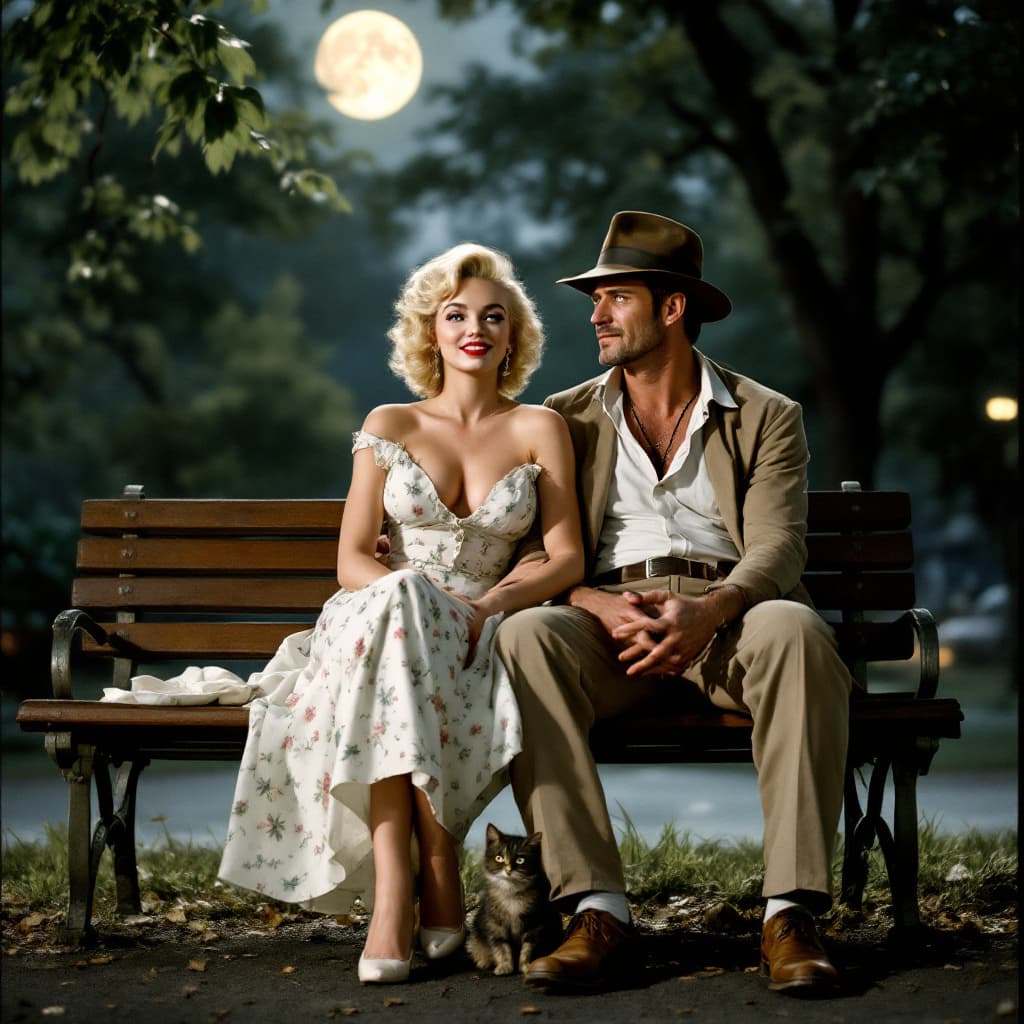 AI generated: Marilyn Monroe and Indiana Jones during the Cuban missile crisis are sitting on a parkbench in hide ...