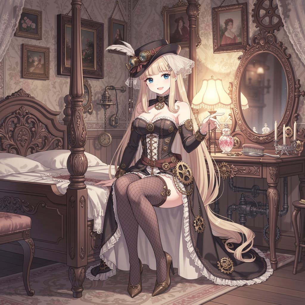 AI generated: (((adorable, cute, kawaii)), The woman:

She is sitting on a Victorian bed,
She is wearing a rich...