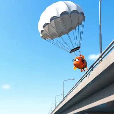 AI generated video: generates a video about a fish blogging (talking) and jumping off a bridge with a parachute, landing...