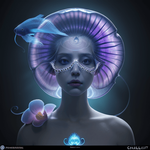 AI generated: Eid mubarak portrait ribcagel. jellyfish phoenix head, nautilus, orchid, skull, betta fish, biolumin...