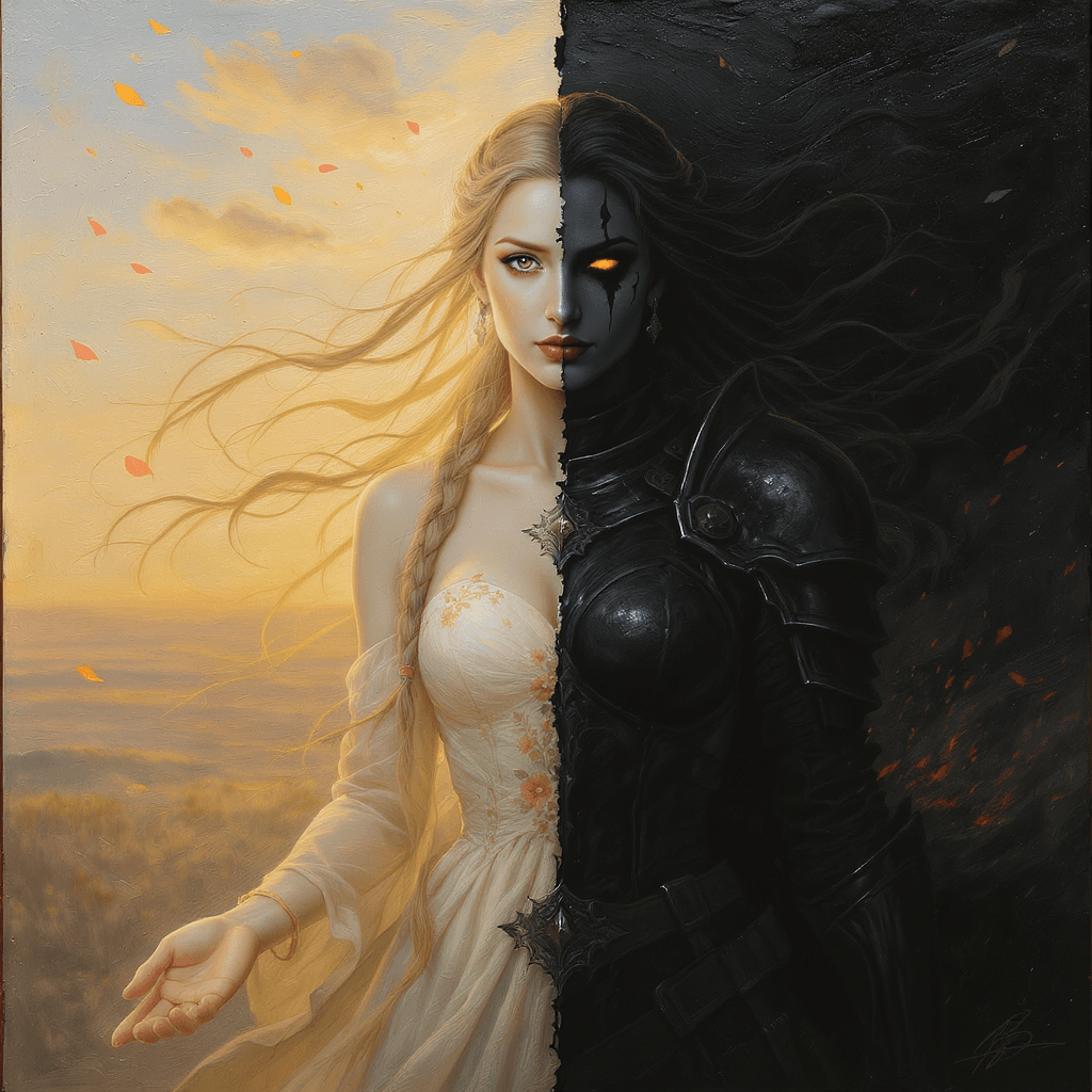 AI generated: A woman standing in the center, facing forward. Her left side is bathed in warm golden light: calm e...