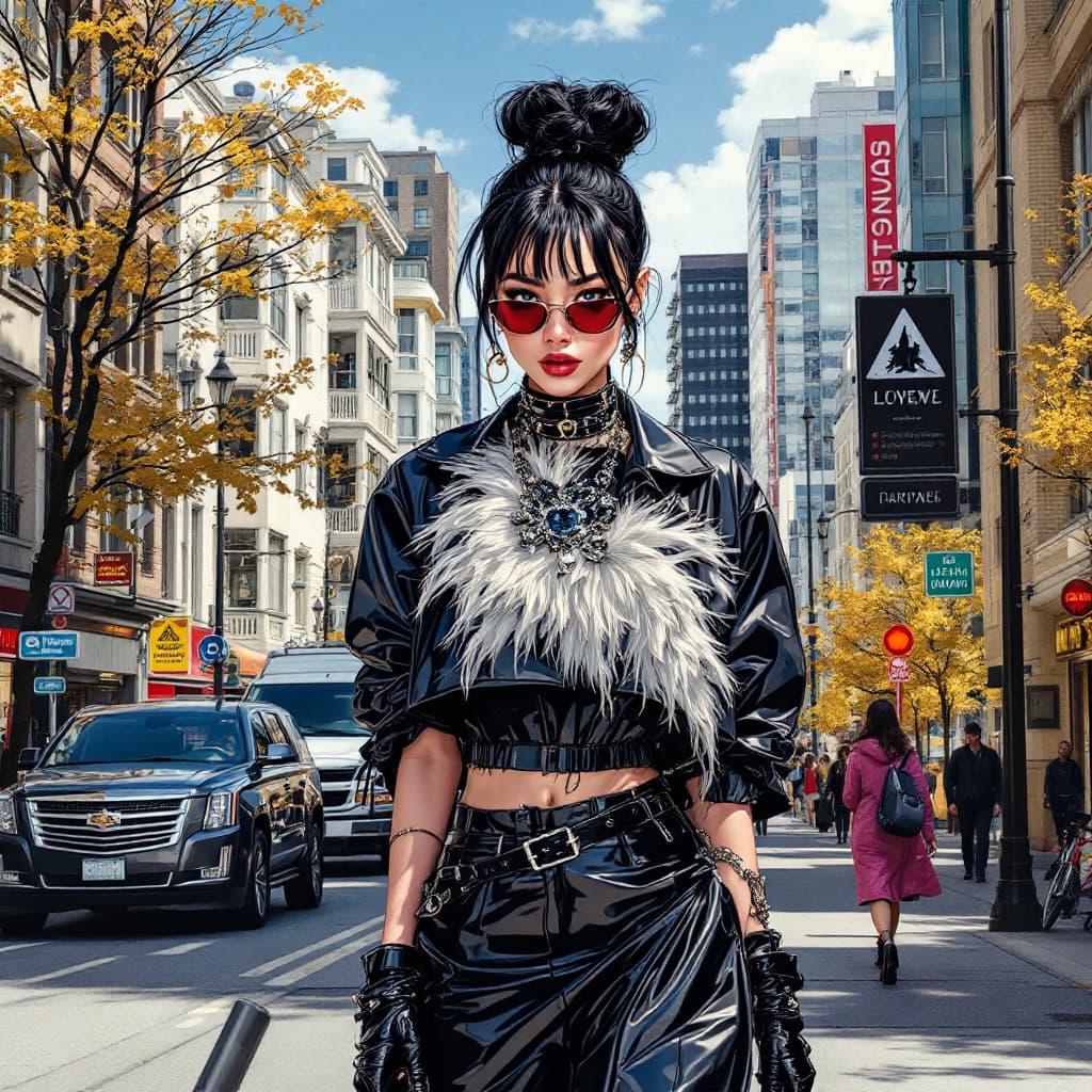 AI generated: lookbook exterior luxury fashion in the streets of sunny vancouver::1 balenciaga, loewe, raf simons:...