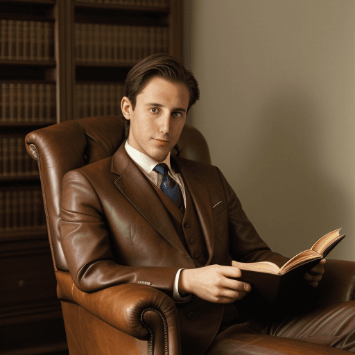 AI generated: a portrait of a lawyer doing his reading, classic suit, old book, classic setting, english brown lea...