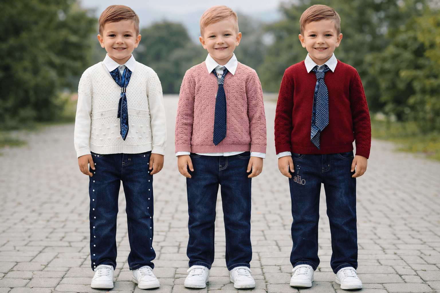 AI generated: Complete image of 3 kid from head to feets . having this clothes