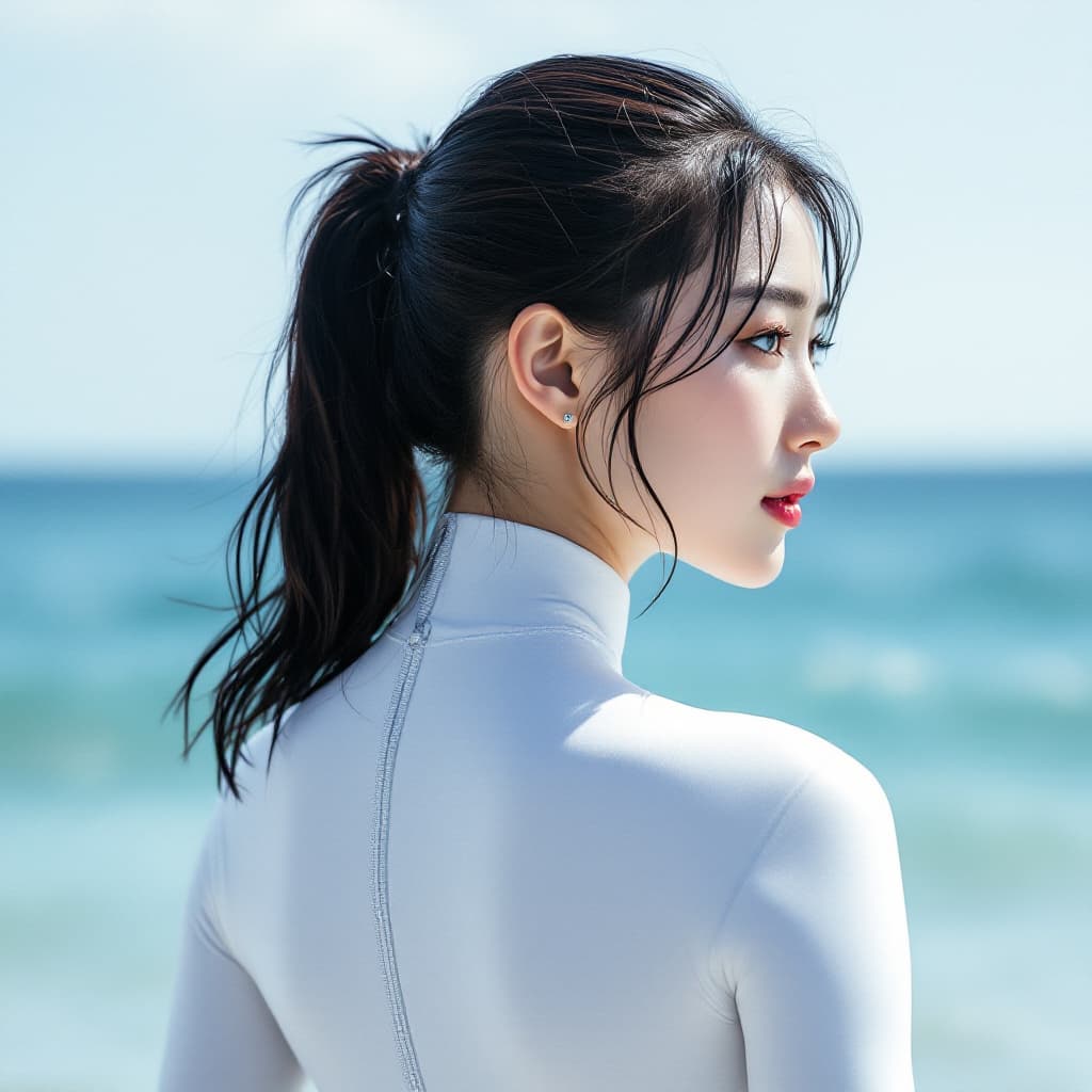 AI generated: High resolution image. A Korean woman in a white freediving suit that completely covers her body. He...