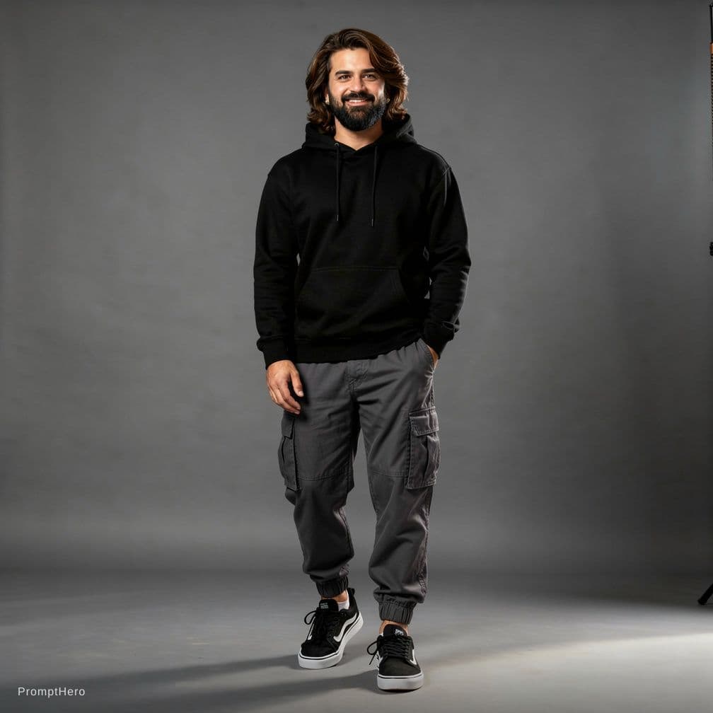 AI generated: capturing a model, man wearing basic hoodie, matte black, dark grey cargo jogger pant, skate shoes, ...