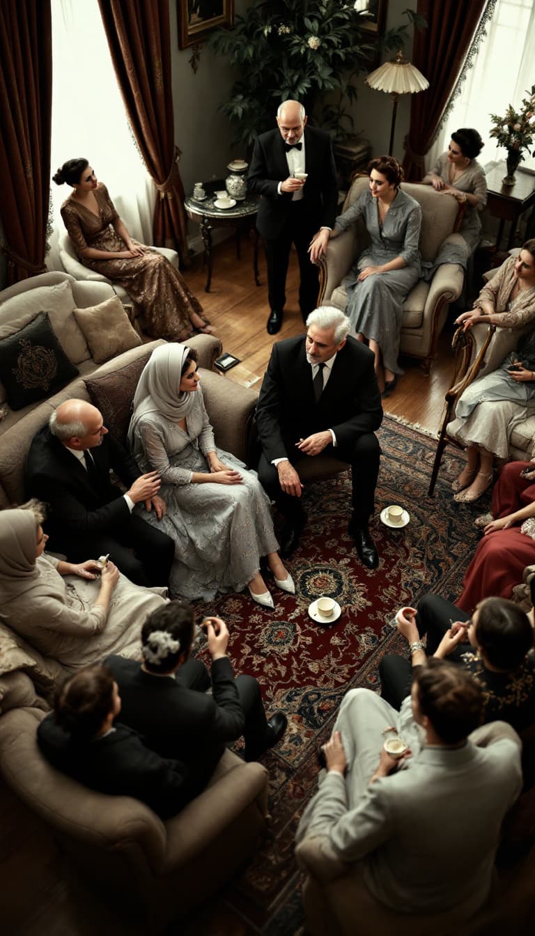 AI generated: high-angle shot of a 1950s Iranian engagement gathering in a spacious, well-decorated traditional ho...