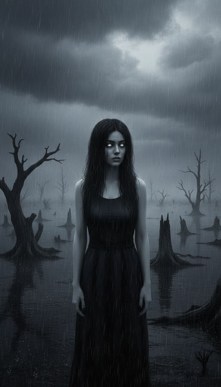 AI generated: a dark, gloomy swamp stretching out as far as the eye can see. The swamp is black and gloomy, with t...