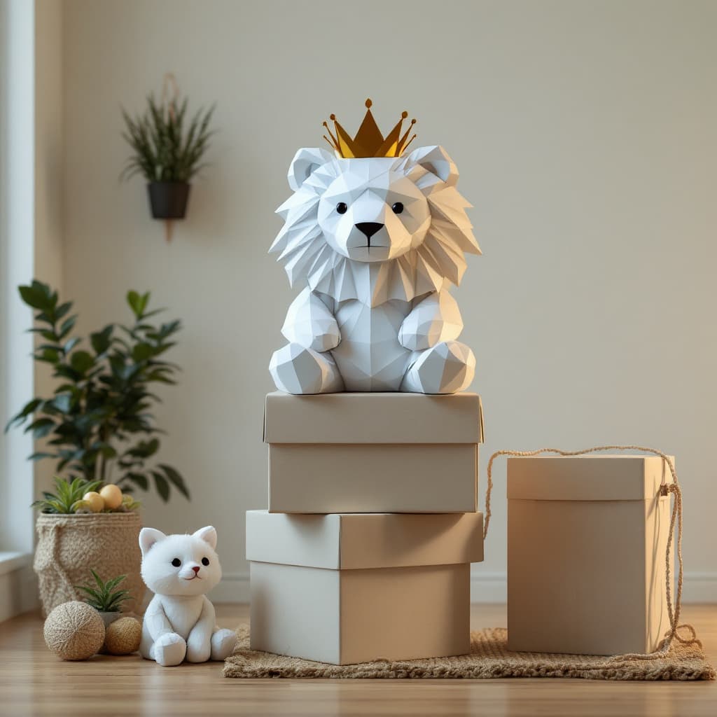 AI generated: a teddy bear sitting on top of a stack of boxes, lion with crown, origami studio 3 design, greta thu...