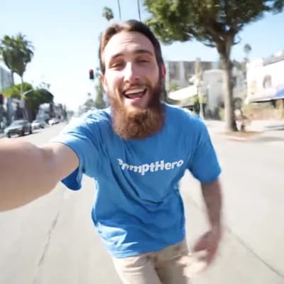 AI generated video: realistic selfie shot of a longbearded young thin man wearing a blue oversiced tshirt with the text ...