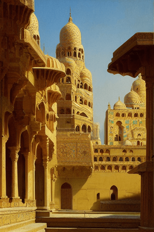 AI generated: architecture, monastery, vibrant flowers. Indian Persian architecture, by Jean Leon Gerome, Asher Br...