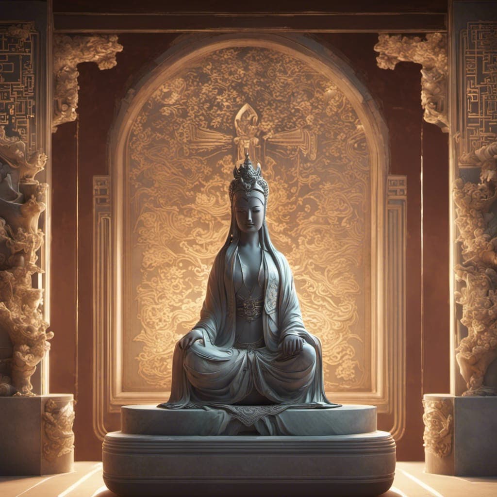 AI generated: a art deco sculpture statue of full body guanyin, intricate complexity, , statue by jane hamilton, r...