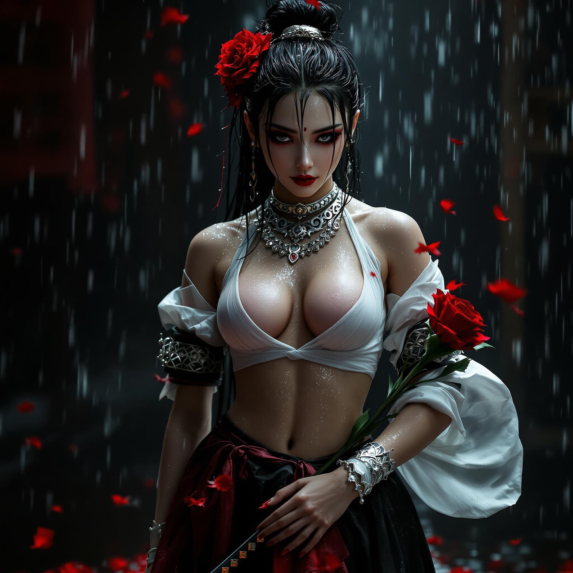 AI generated: Full body view of a young beautiful Asian woman, in her twenties, with elaborate makeup and a red ma...