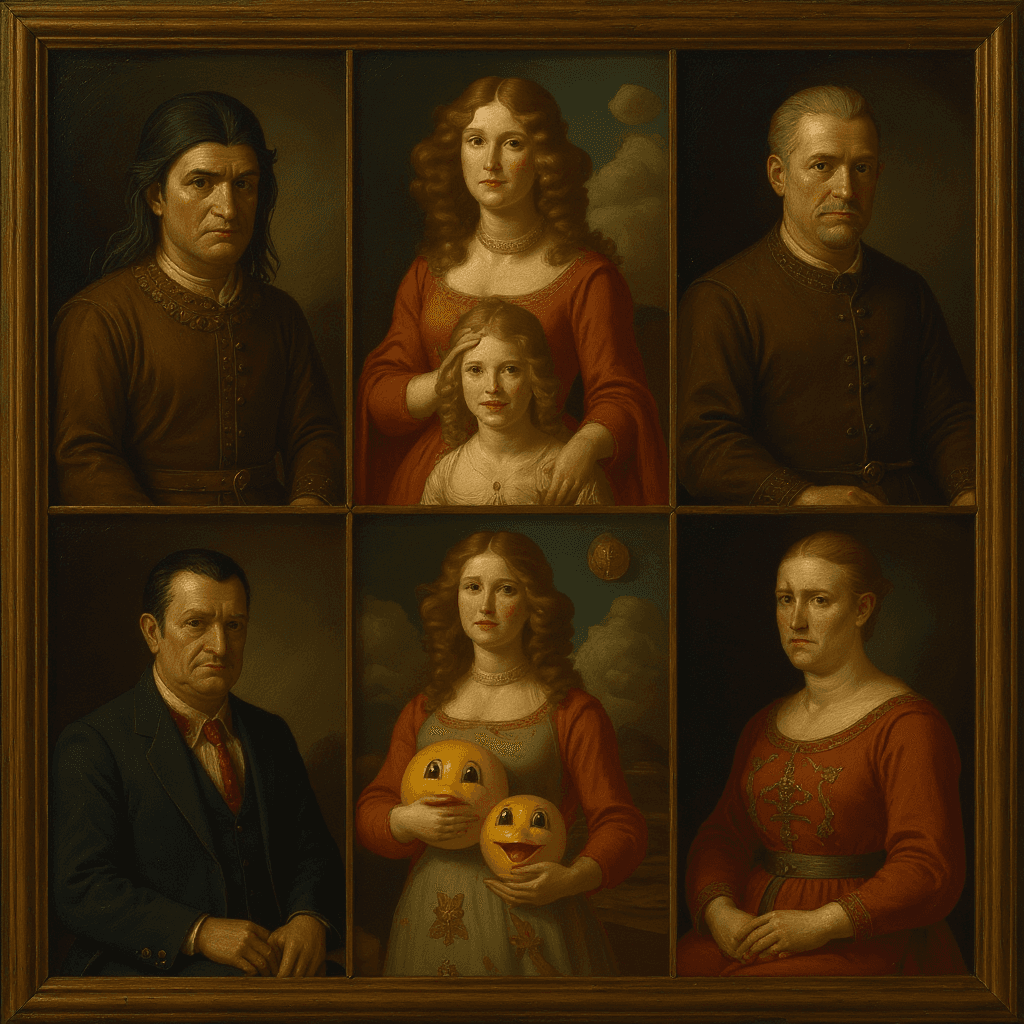 AI generated: a renaissance baroque painting portrait of the five  with their original defining characteristics, s...