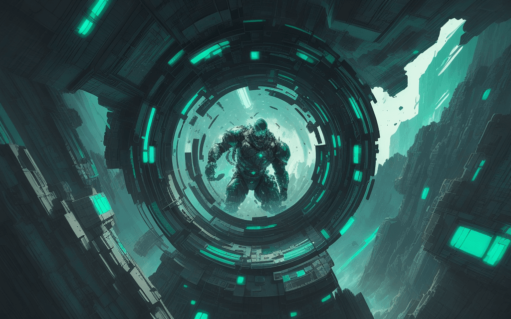 AI generated: brutal man warrior falling into a hole, looking sky, inspired by Mike Winkelmann, futuristic, metall...