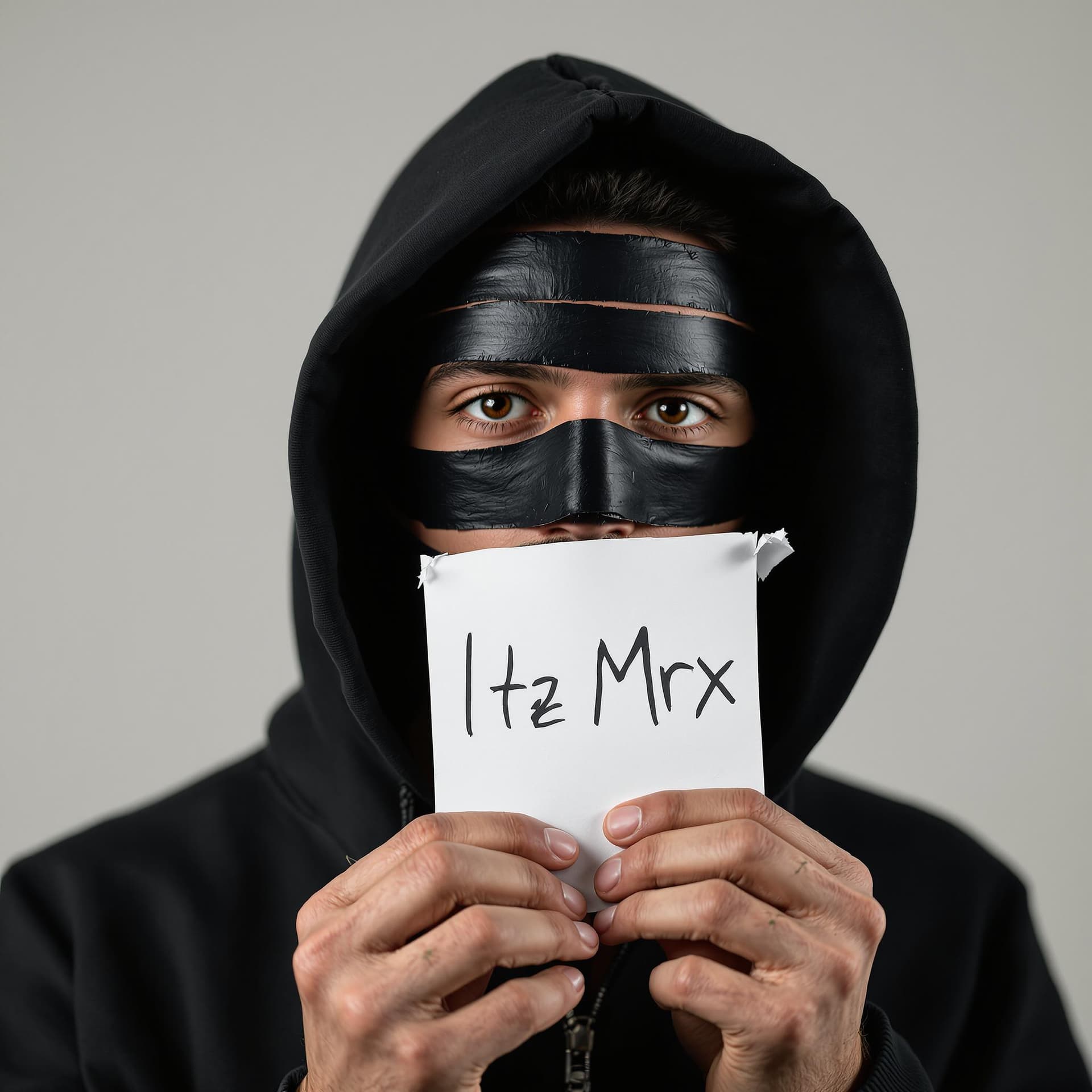 AI generated: man wearing black hoodie holding a pease of paper sying "Itz Mrx" hand writed his full face covered ...
