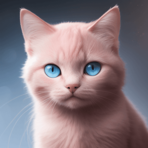 AI generated:  Portrait photo of cute pink cat with fill of lightening colors, blue eyes, light bokeh, light backg...