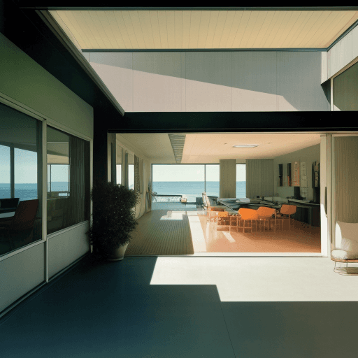 AI generated: Hyper realistic eye level exterior photo of a mid century modern style house overlooking the ocean, ...