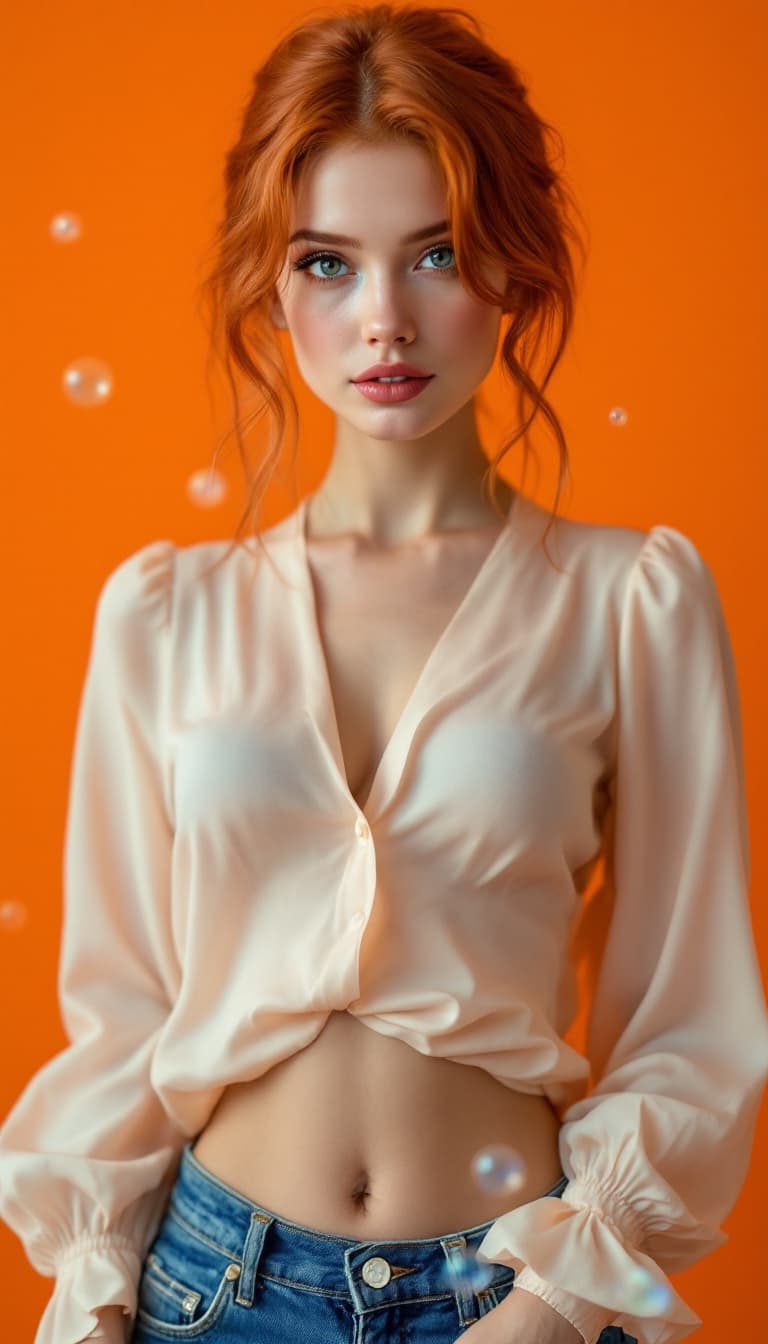 AI generated: photography, orange tone, a redhead model with beautiful eyes, with piercing gaze, full body in mini...