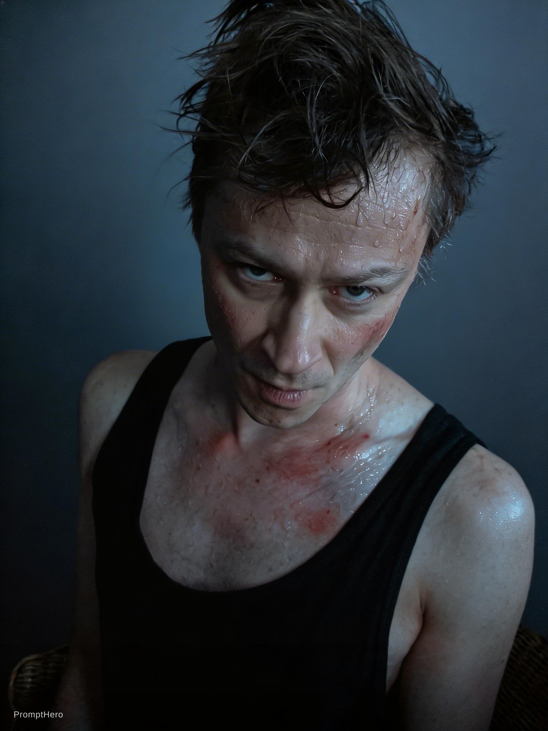 AI generated: Photorealistic cinematic portrait of the exact same man from the reference photo, messy dark hair, w...