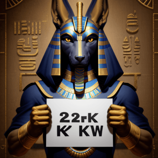 AI generated: egyptian god anubis holding a poster with the writing "2K"