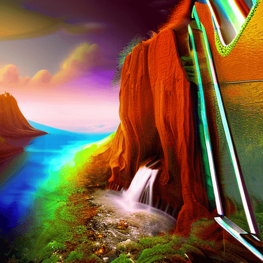 AI generated: Rainbow Waterfalls flowing up to the cliffs above in an enchanted forest on Pluto, Photorealistic, D...