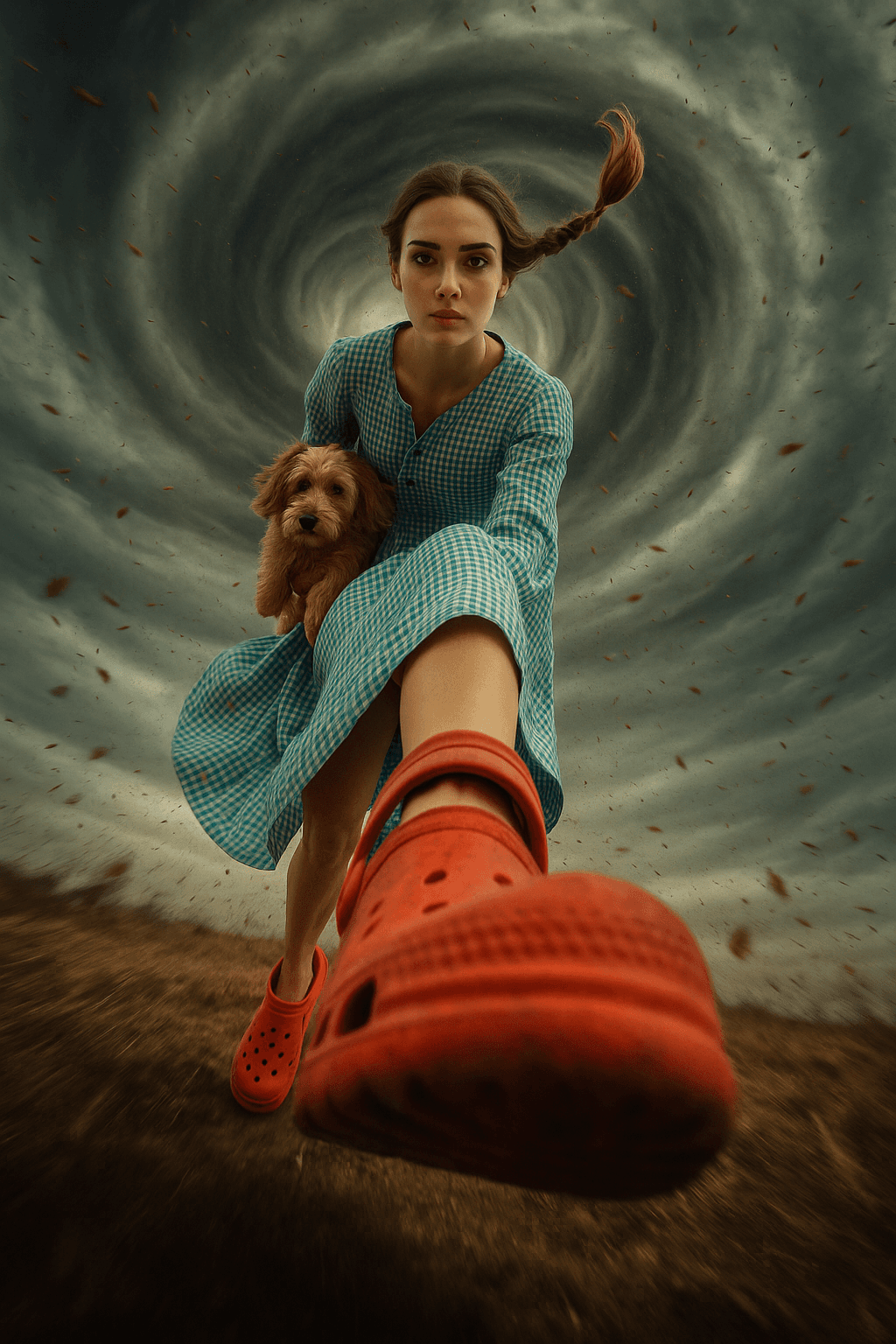AI generated: {
  "scene": {
    "setting": "inside a swirling tornado",
    "mood": "dramatic and surreal",
 ...