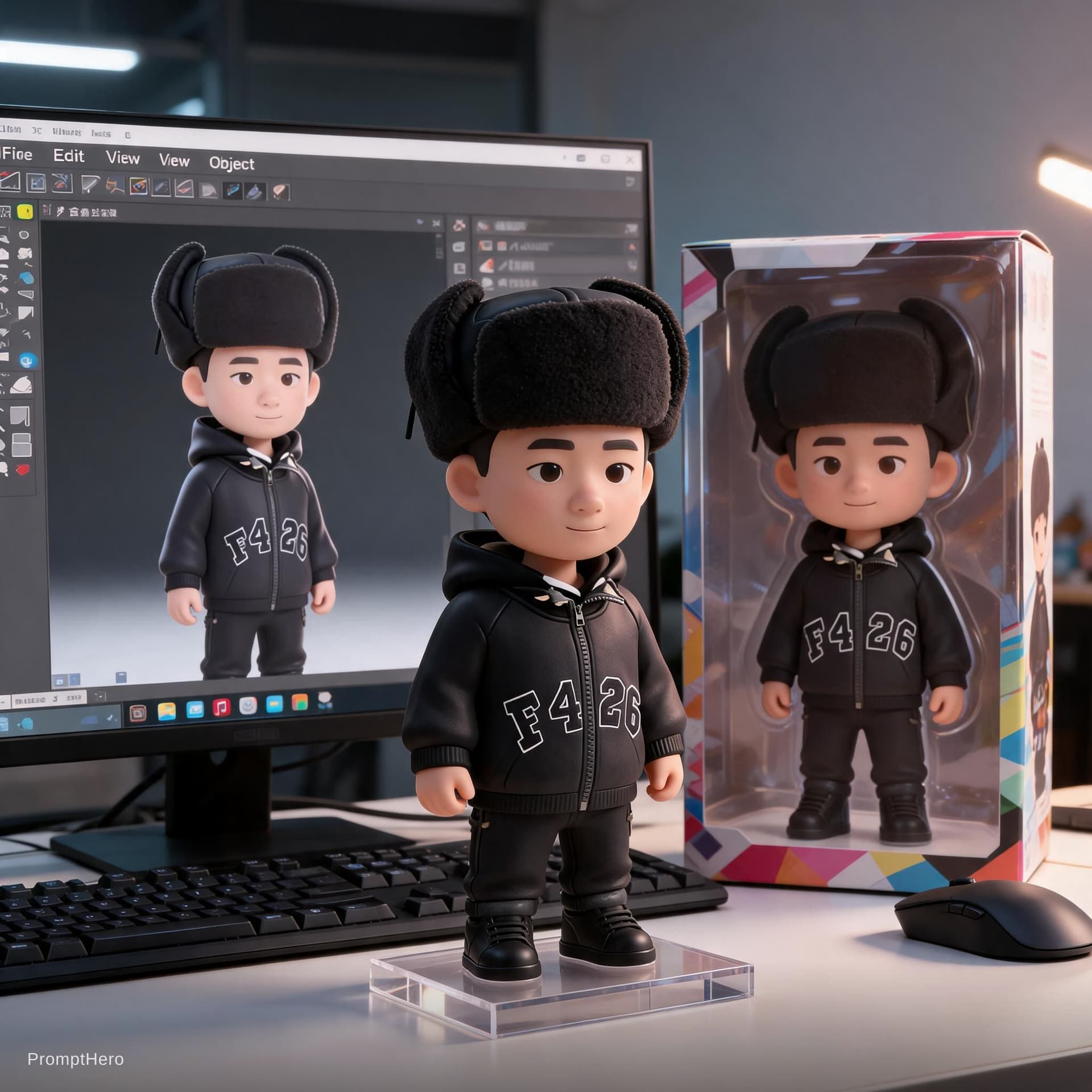 AI generated: Transforming the photographed person into a realistic 3D figurine in front of a computer desk. The c...