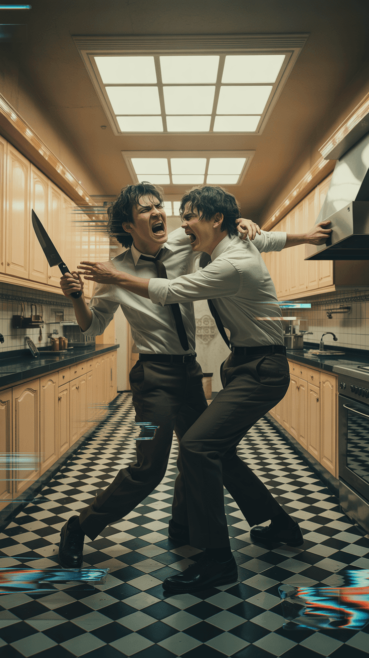 AI generated: Movie poster,in style of the film “fight of myself”,twins fighting in a hotel kitchen,distorted envi...