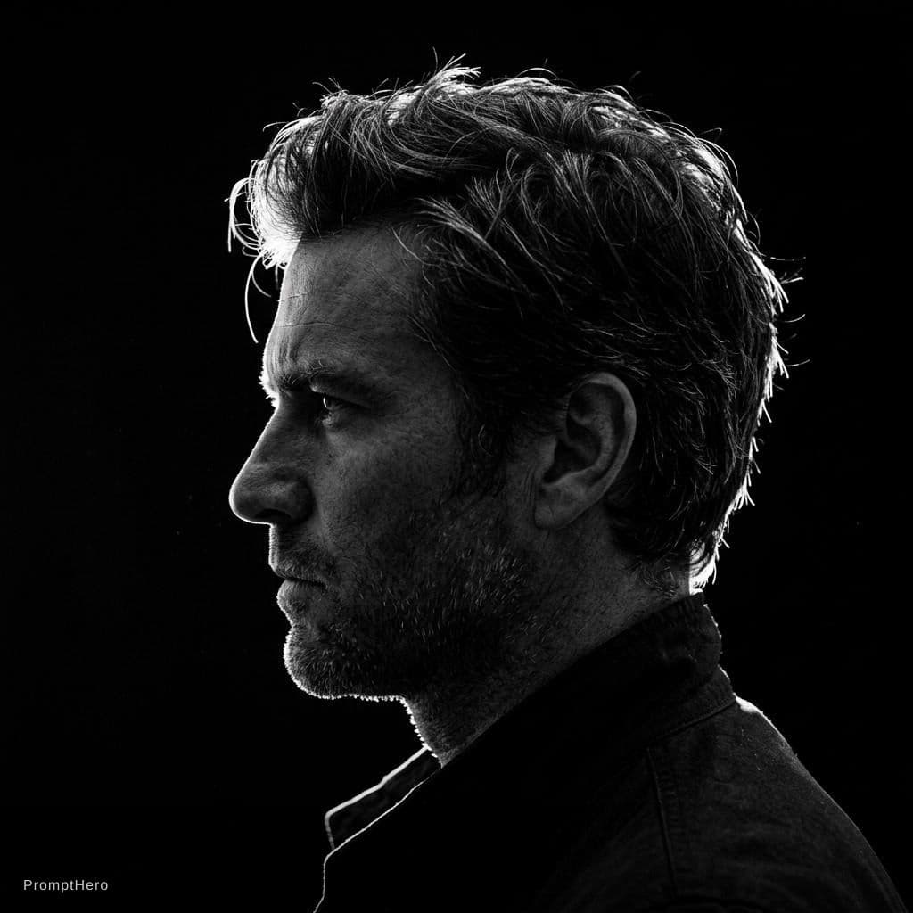 AI generated: A dramatic black and white profile portrait of a man, intense rim lighting, deep shadows, cinematic ...