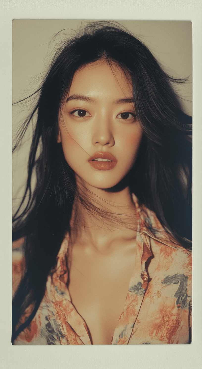 AI generated: A hyper-realistic, lifelike Polaroid proof of an Asian female model for a fashion shoot. She is capt...
