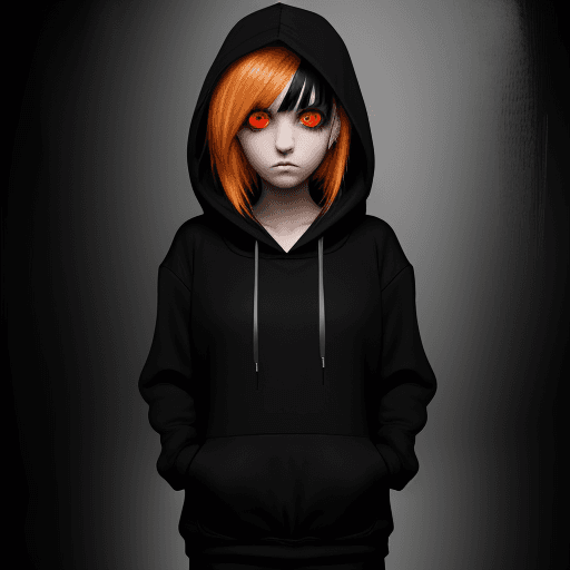 AI generated: emo girl in black hoodie with orange highlights in the hoodie. red eyes hands in hoodies pockets.