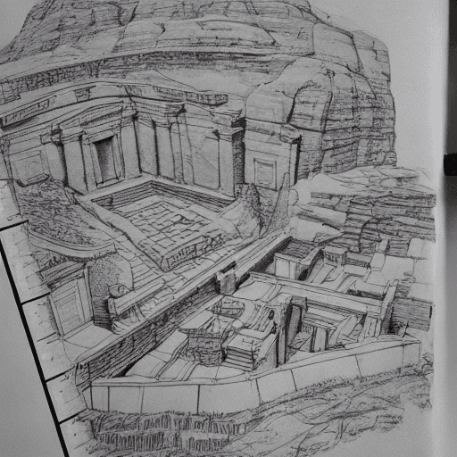 AI generated: detailed with notes, ink sketch Prehistoric, of petra on jordan, slick design clean lines blueprint ...