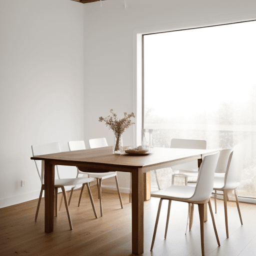 AI generated: high resolution photography interior design, spacious kitchen, dinning room, sunflare early morning ...