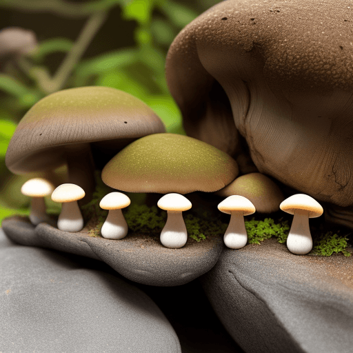 AI generated: 5 identical mushrooms growing on a rock
