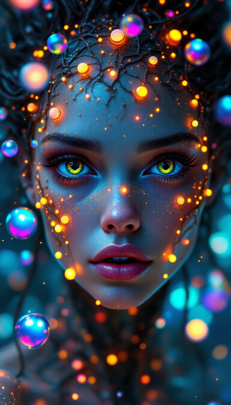 AI generated: Surreal 4k painting of an alien princess with expressive brown eyes and cosmic features. Her skin ap...