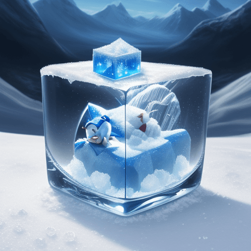 AI generated: Sonic the hedgehog, frozen in an ice cube, Snowy hills background, 4k, high resolution, realistic 