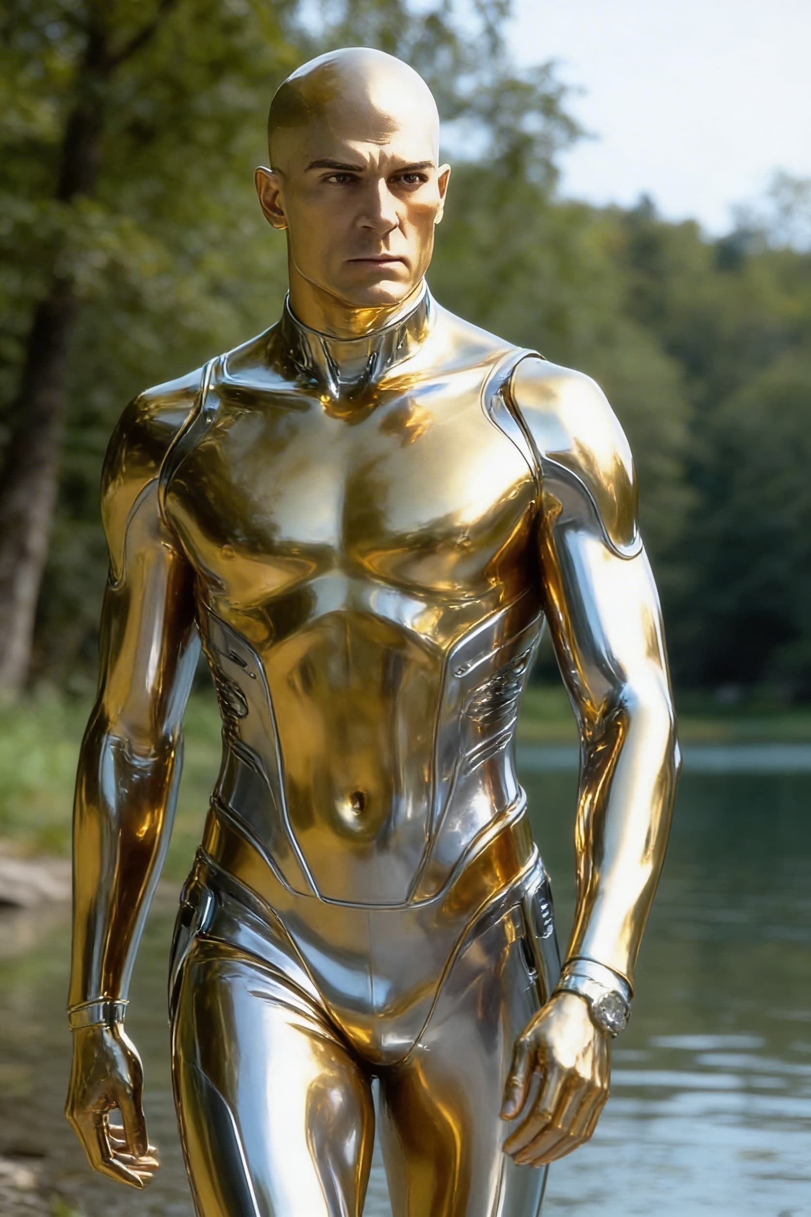 AI generated: Create from the reference image, a solid golden-silver being, powerful, loving. From flesh to sleek ...