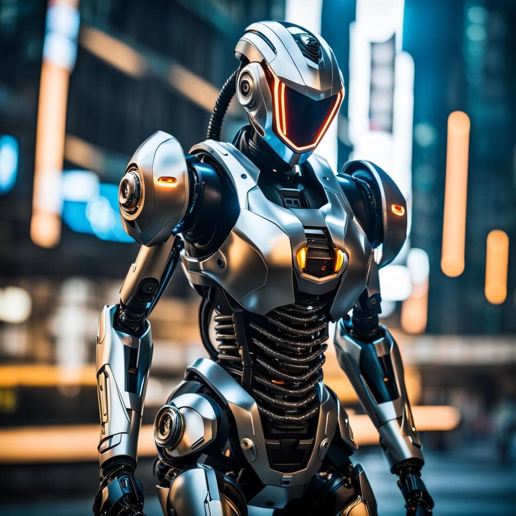 AI generated: cybernetic robot athletic young, robotic arm, robotic leg, robotic armor, robotic face, mythic upper...