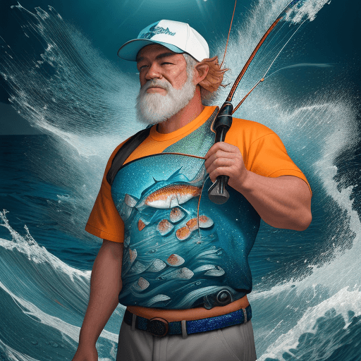 AI generated: "Generate a highly detailed and immersive 8K wallpaper of a fisherman wearing a vibrant fish-themed ...