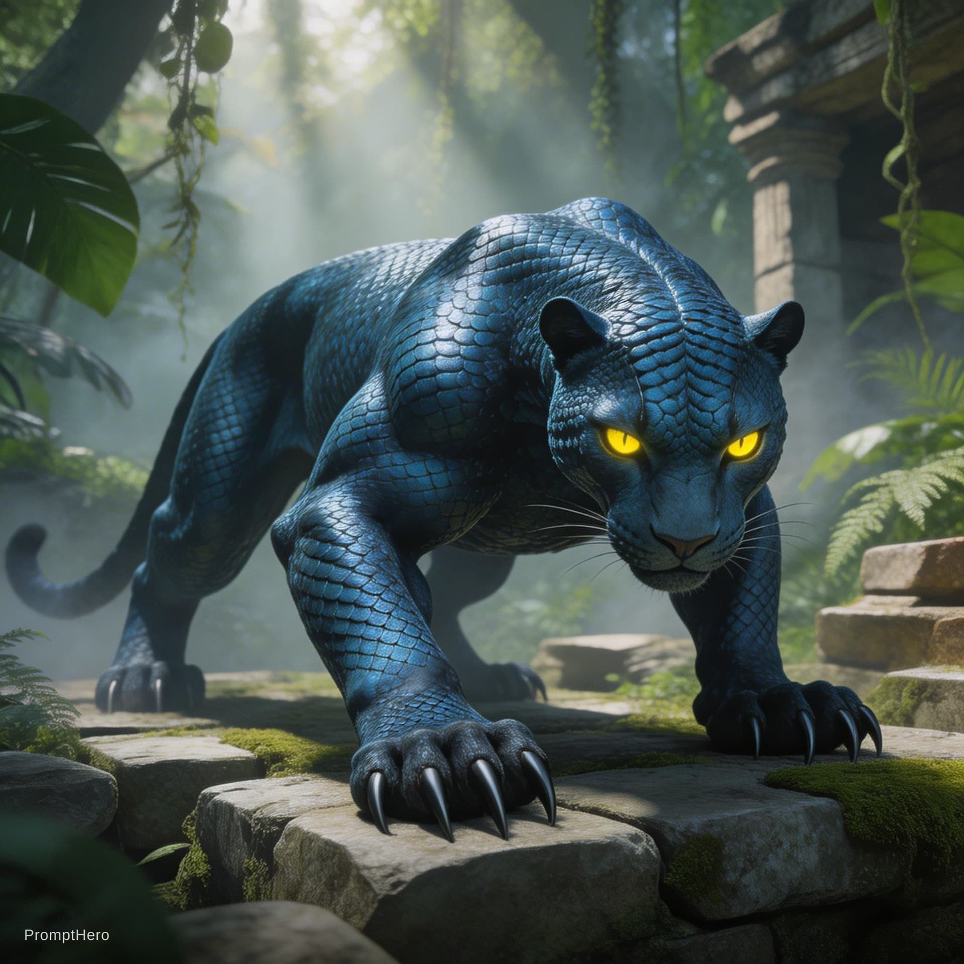 AI generated: a sleek blue-scaled panther-like creature with reptilian texture, glowing yellow eyes, crouched on a...