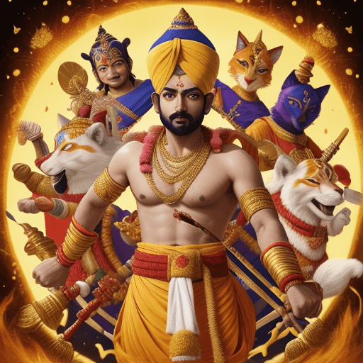 AI generated: shri hari in vishwa roop with all his weapons and faces in kurukshetra