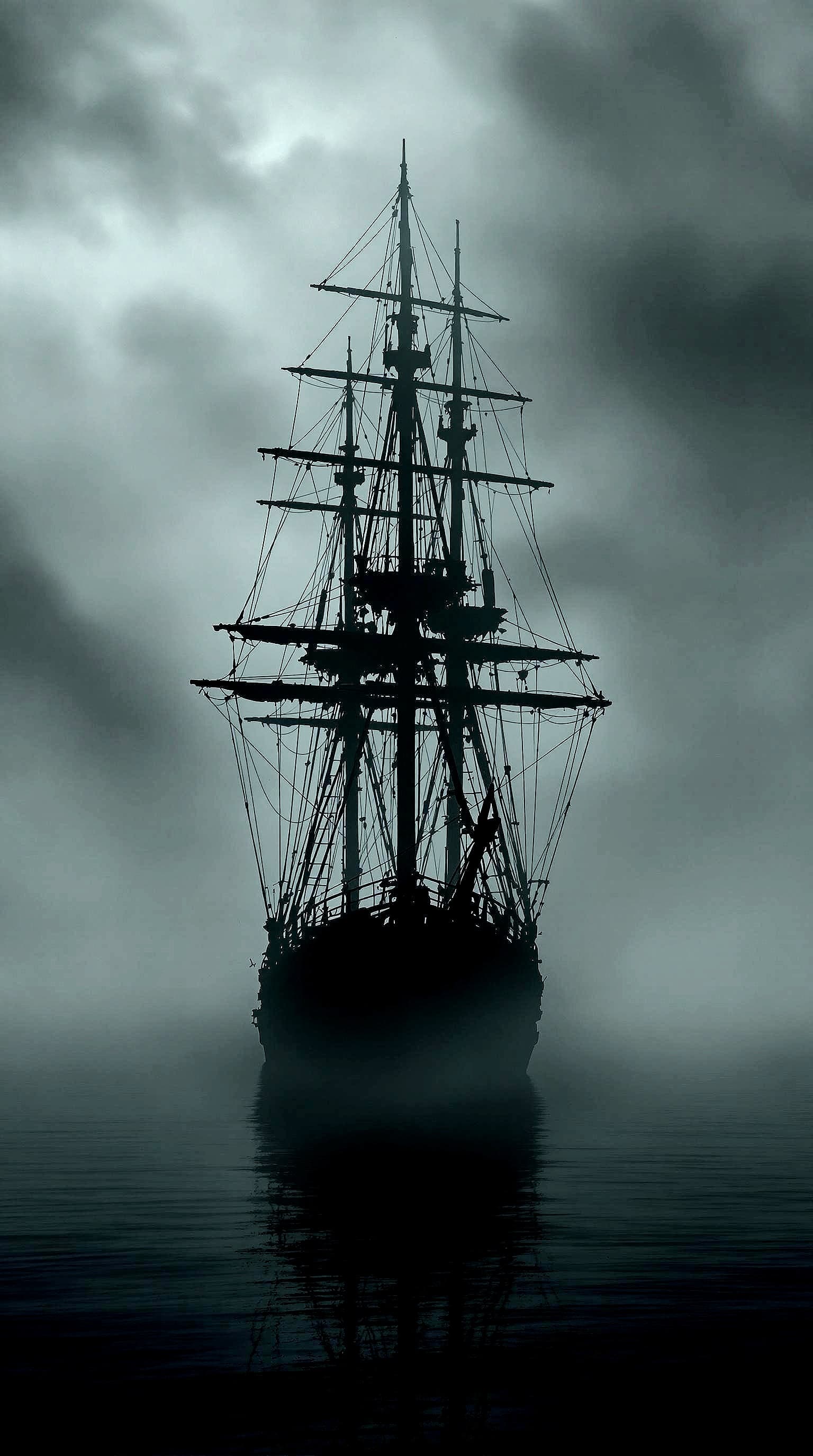 AI generated: A realistic photo of a ghostly silhouette of a tall ship emerges from a dense, swirling fog, its mas...