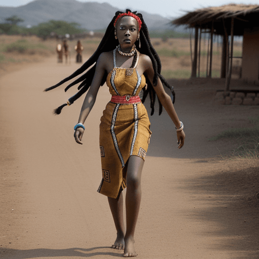 AI generated: black girl in her 20s walking barefoot with dreadlocks and wearing traditional Esther Manhlangu desi...