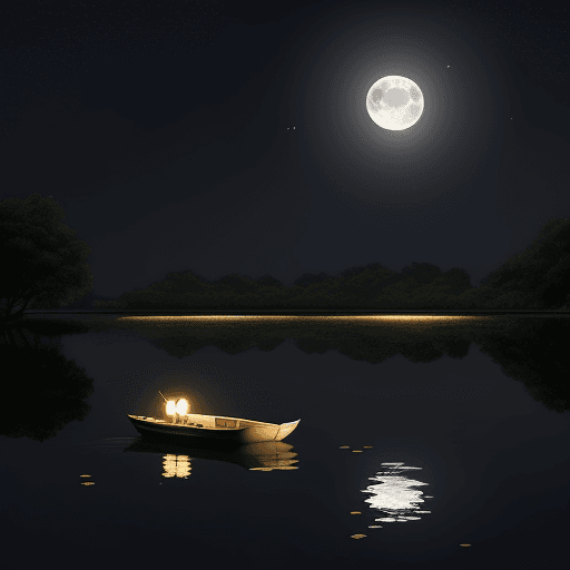 AI generated: 
A moonlit night, a pond with lotus flowers, a small boat floating on the pond, water sparkling in t...