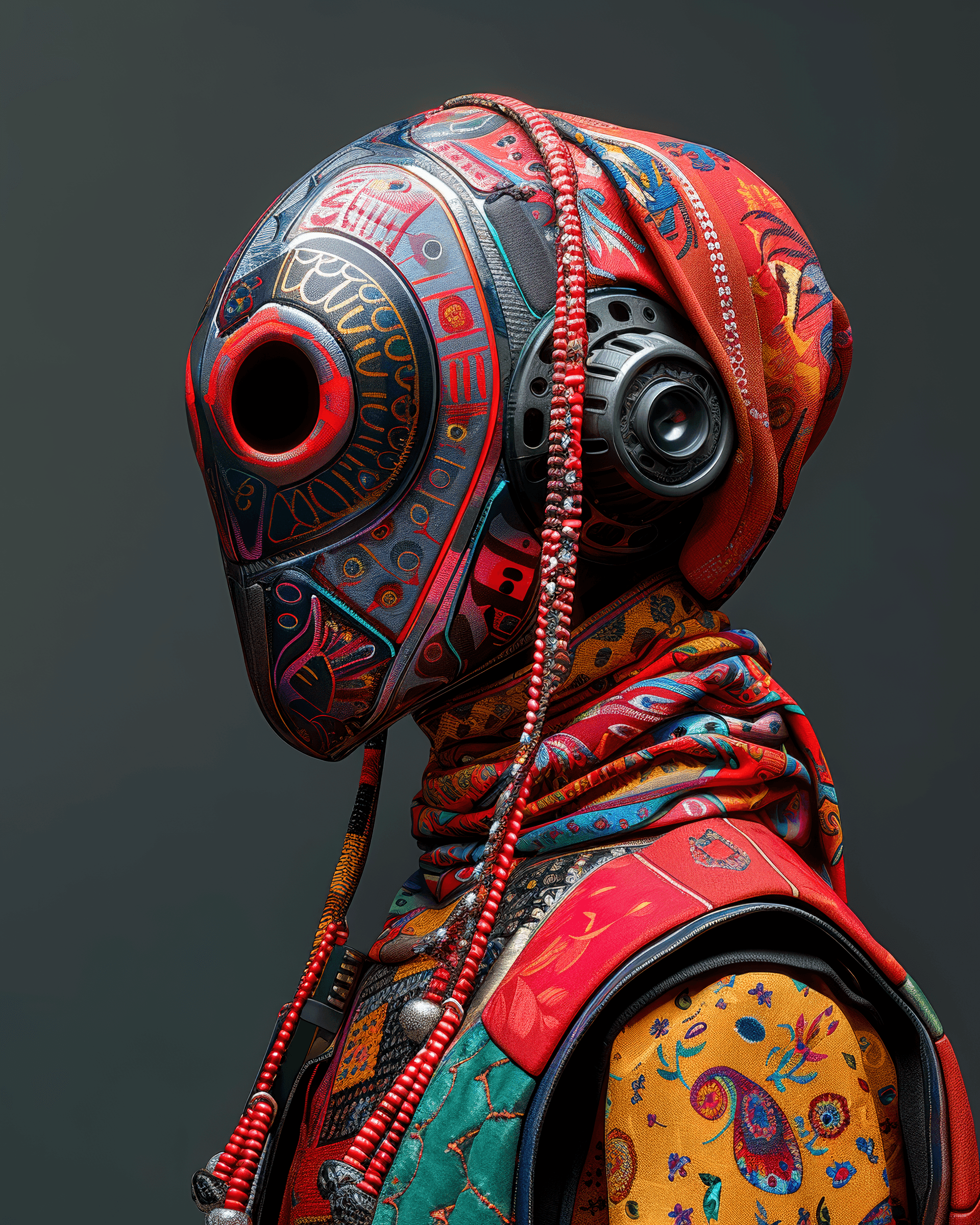AI generated: a super hyper realistic full femal upper body with a bandari mask with differnet fabric layer and so...