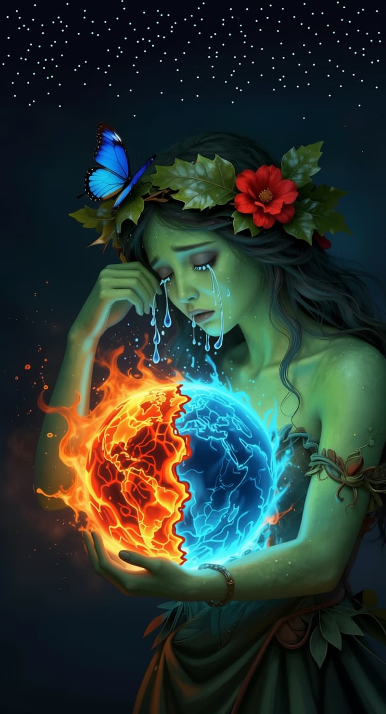 AI generated: A striking illustration depicts a woman, symbolizing nature or Gaia, cradling a partially volcanic E...