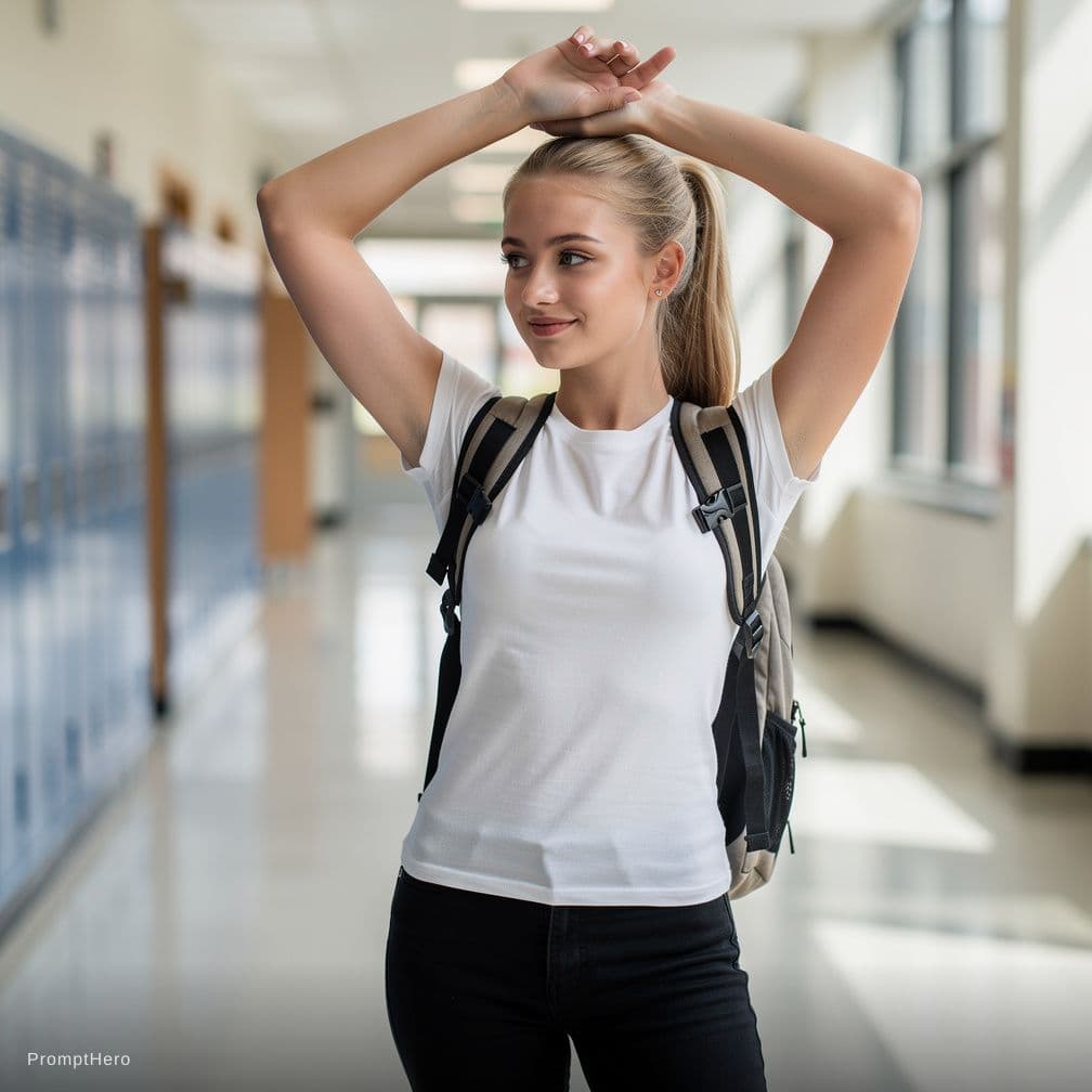AI generated: A college girl of 18 years old with blonde hair and light green eyes wearing plain white colored tsh...