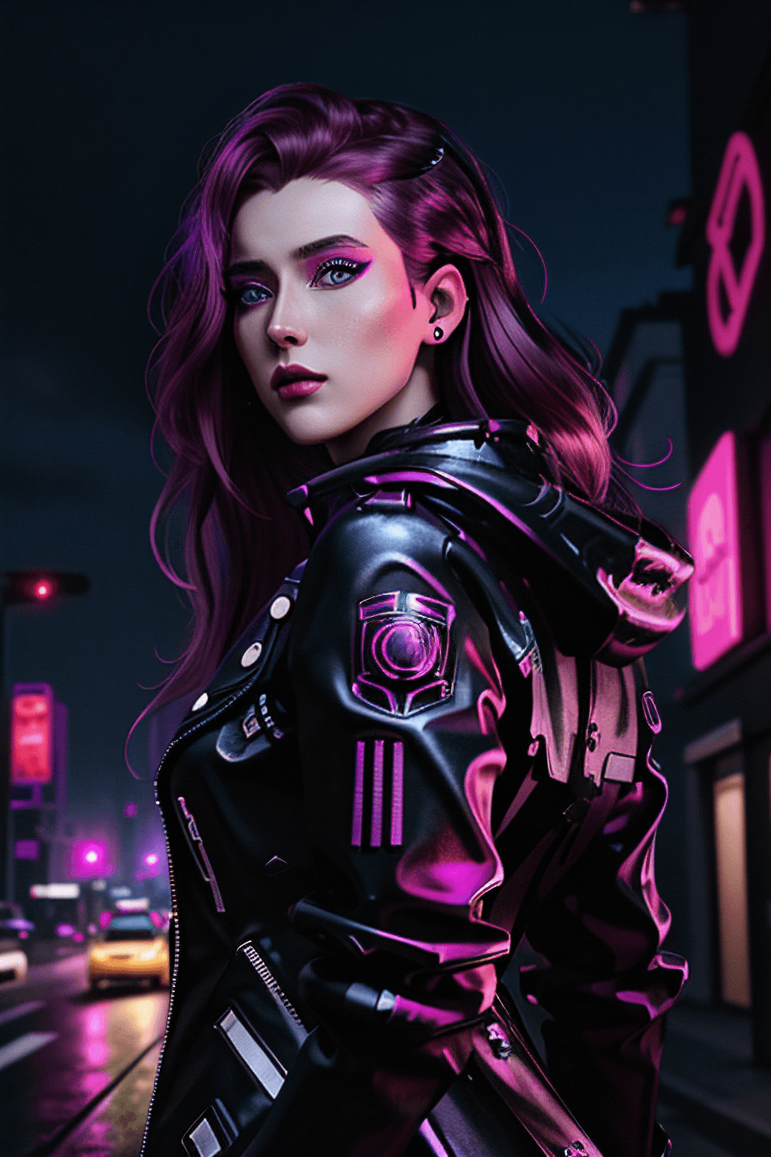 AI generated: illustration of  woman as pretty female android with colored magenta eyes, magenta hair, wearing a b...