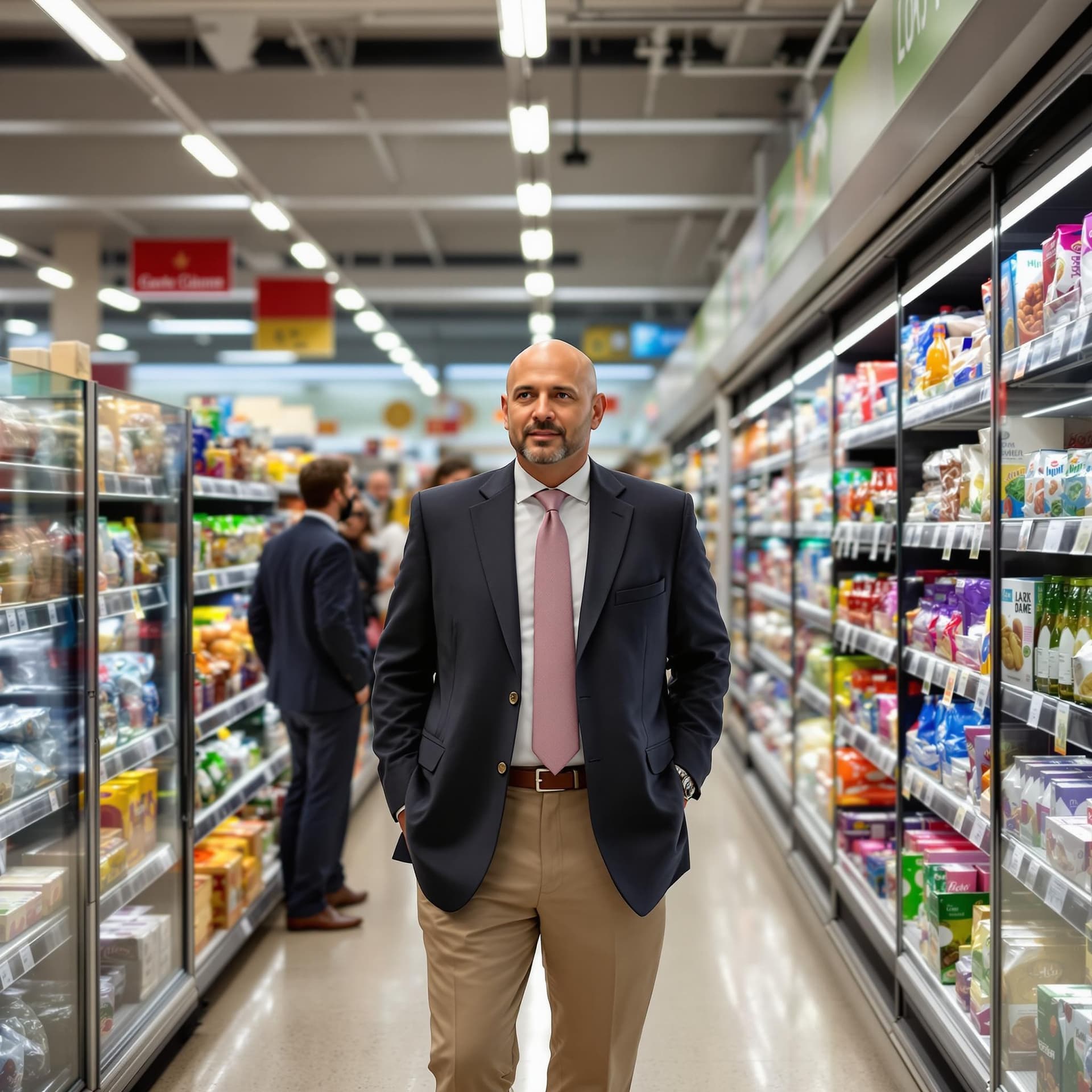 AI generated: In the photo we see how the chief regional administrator of chain grocery stores enters the store in...